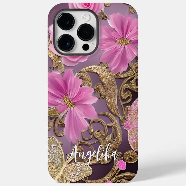 Pink and Gold Butterfly Personalized Name Case-Mate iPhone Case (Back)
