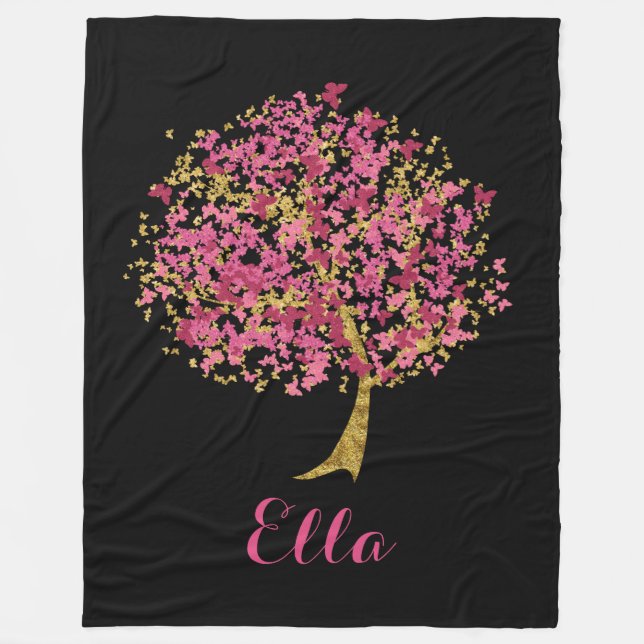 Pink and Gold Butterfly Tree Fleece Blanket (Front)