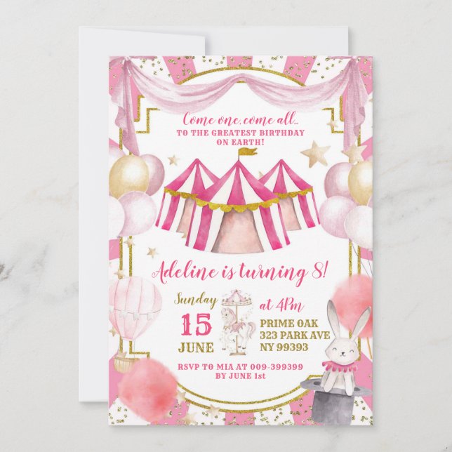 Pink and Gold Carousel Girl Birthday Invitation (Front)
