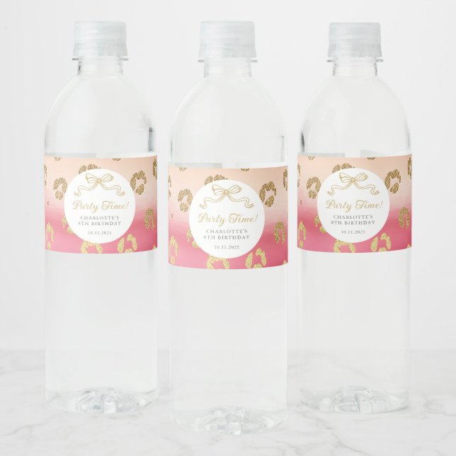 Pink and Gold Cheetah Leopard Birthday Party  Water Bottle Label (Bottles)