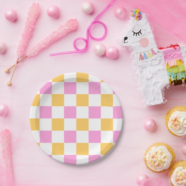 Pink and Gold Chequered Paper Plate (Party)