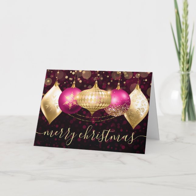 Pink and Gold Christmas Baubles Ornaments Holiday Card (Front)