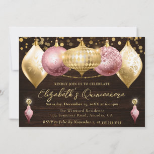 Pink and Gold Christmas Baubles Quinceanera Invitation