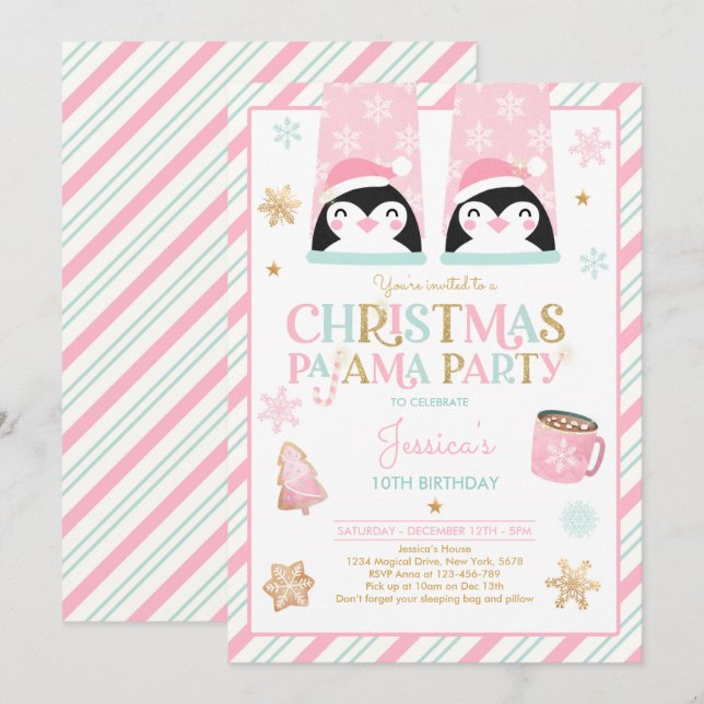 Pink And Gold Christmas Pajama Birthday Party Invitation (Front/Back)