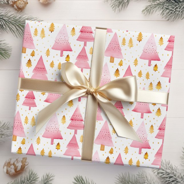 Pink and Gold Christmas Trees Wrapping Paper (Creator Uploaded)