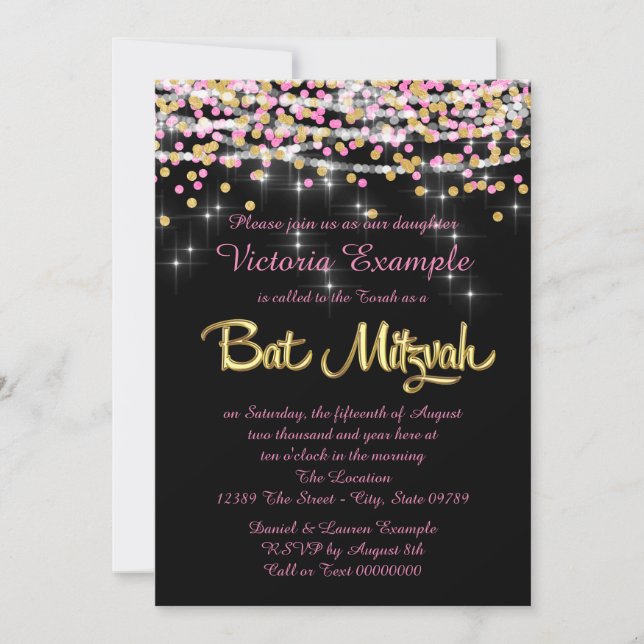 Pink and Gold Confetti Bat Mitzvah Invitation (Front)