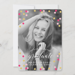 Pink and Gold Confetti Chalkboard Photo Graduation Invitation