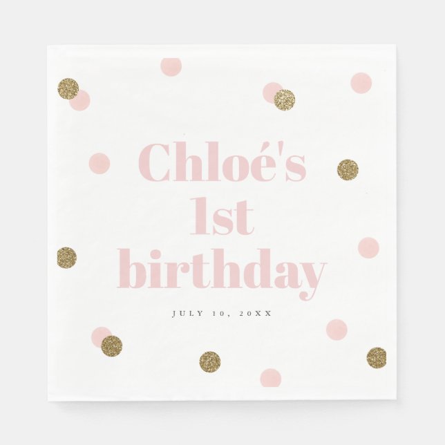 Pink and gold confetti first birthday party napkin (Front)