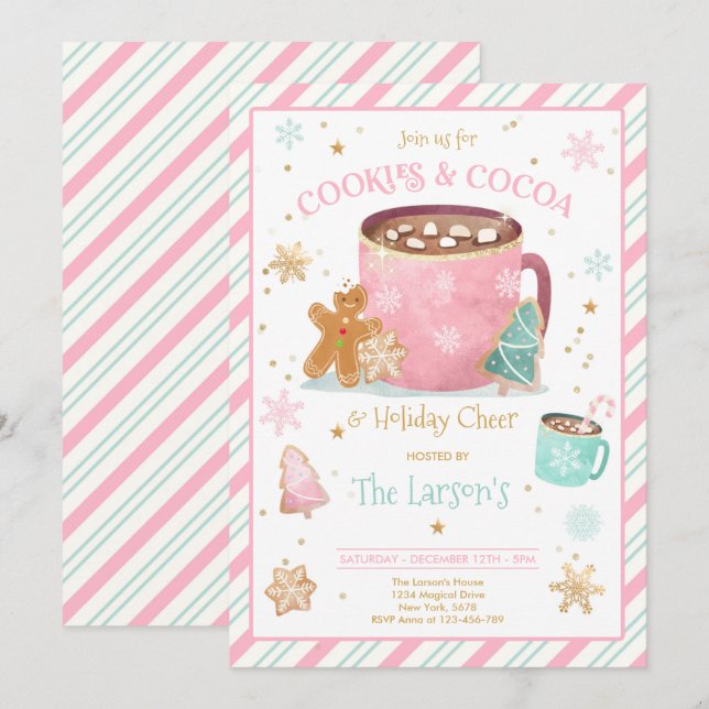 Pink And Gold Cookies And Hot Cocoa Holiday Party Invitation (Front/Back)