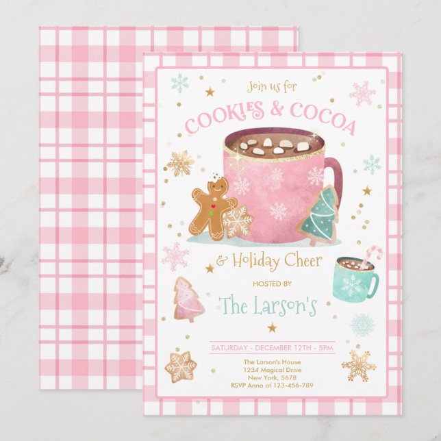 Pink And Gold Cookies And Hot Cocoa Holiday Party Invitation (Front/Back)