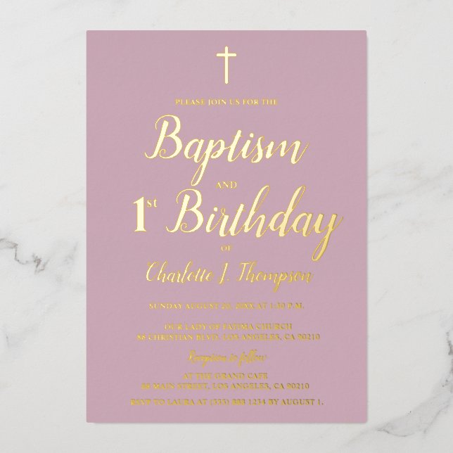 Pink and gold cross Baptism and 1st birthday Foil Holiday Card (Front)