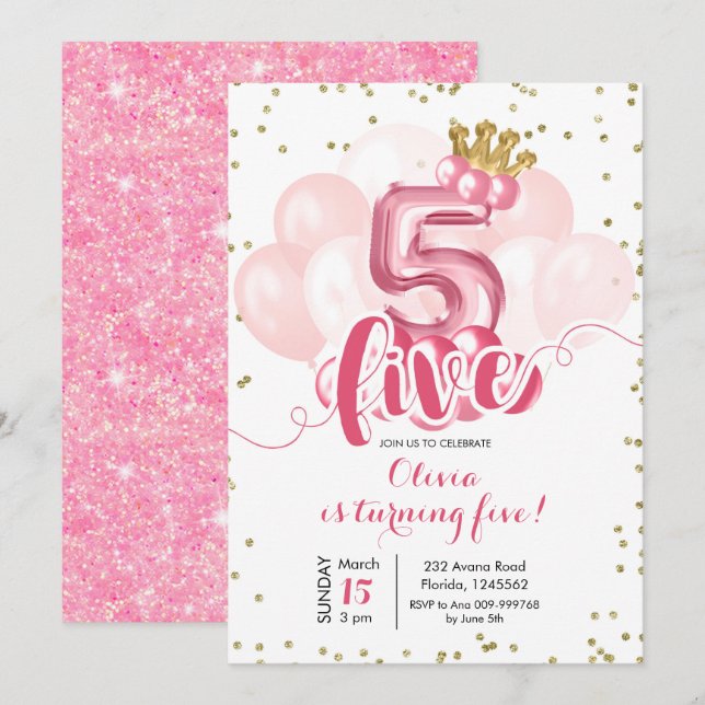 Pink and Gold Crown Balloon 5th Birthday Invitatio Invitation (Front/Back)