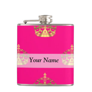 Pink and gold crown pattern hip flask