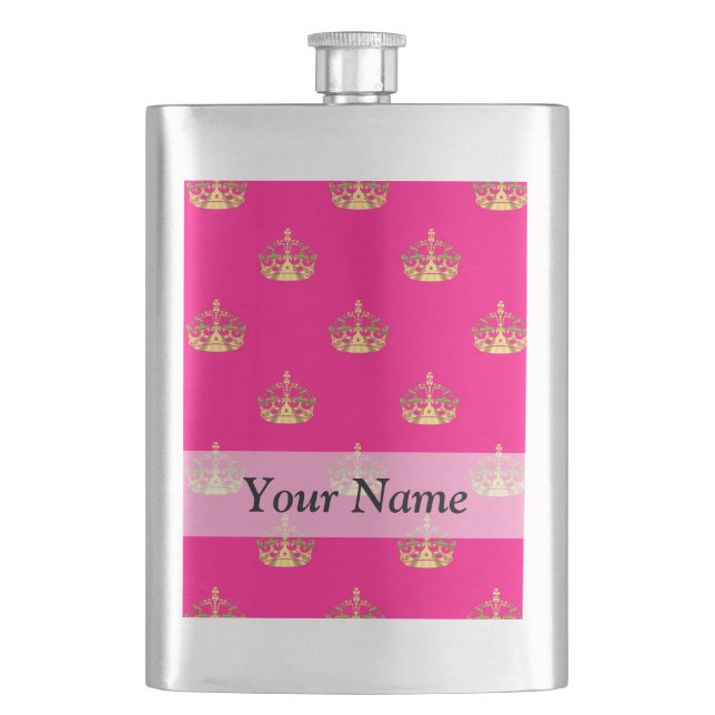 Pink and gold crown pattern hip flask (Front)