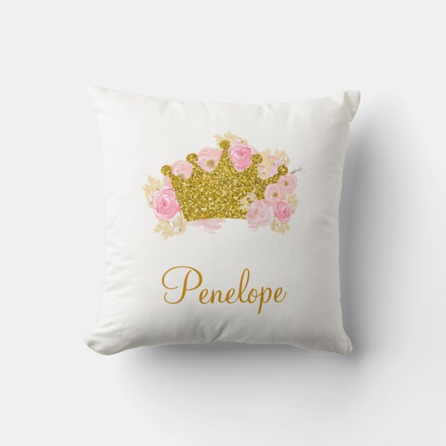 Pink And Gold Crown Pillow, Princess Name Throw Pillow (Front)