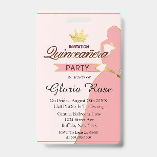 Pink And Gold Crown Quinceanera Party Badge
