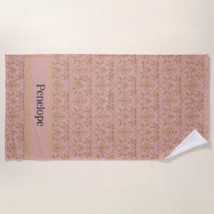 Pink and Gold Damask Beach Towel