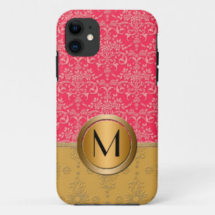 Pink and Gold Damask Monogram Design iPhone 11 Case