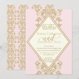Pink and Gold Damask Wedding Invitation