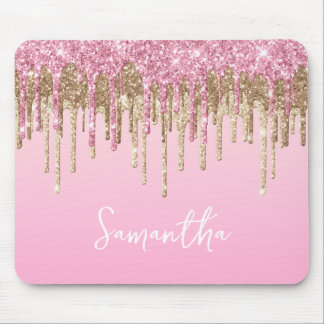 Pink and Gold Dripping Glitter Glam Name Mouse Pad
