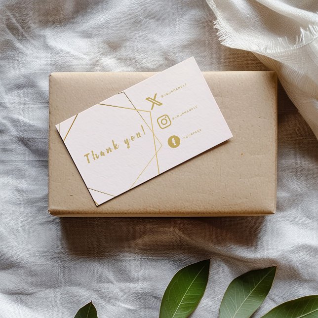 Pink and gold effect Social Links Insert Card (Pink and gold geometric "Thank you" insert card with social media icons and details.)