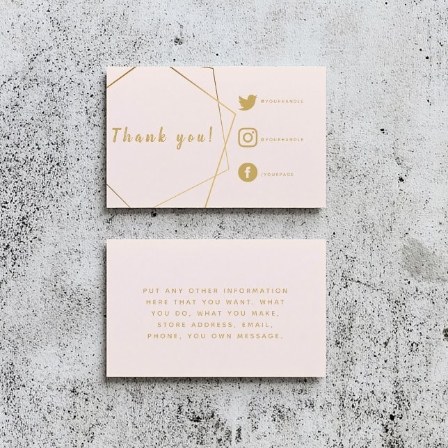 Pink and gold effect Social Links Insert Card. (Pink and gold customer order thank you insert card. Geometric frame and social media details)