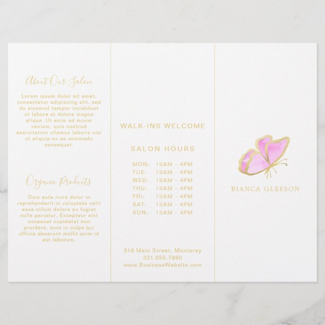 Pink and Gold Elegant Butterfly Trifold Brochure (Front)