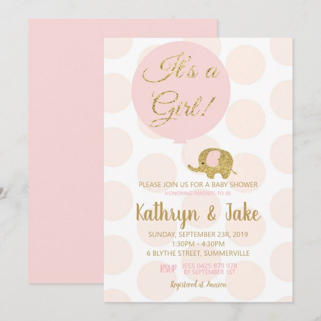 Pink and Gold Elephant Baby Shower Invitation Girl (Front/Back)