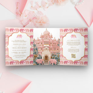 Pink and Gold Elephant Indian Palace Photo Wedding Tri-Fold Invitation