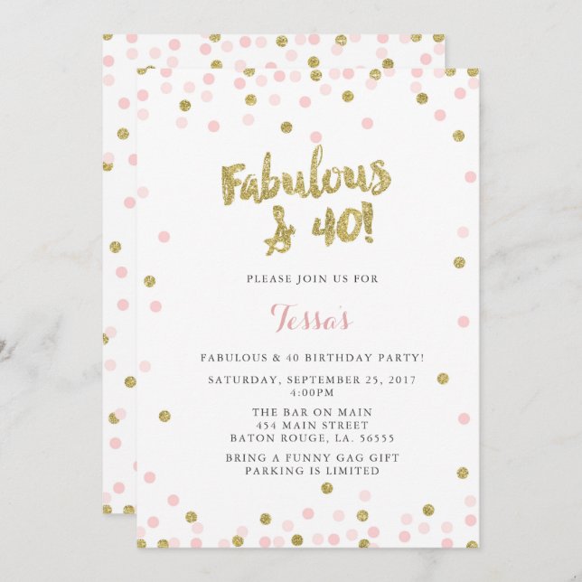 Pink and Gold Fabulous & 40 Birthday Invitations (Front/Back)