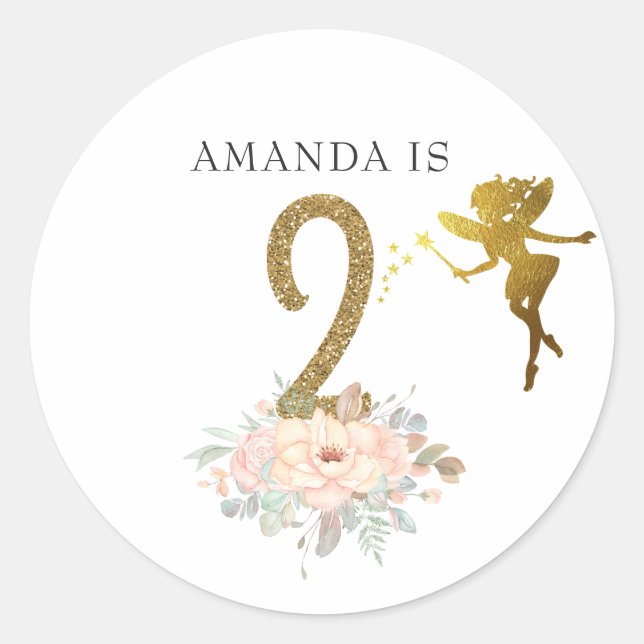 Pink and Gold Fairy themed Girl 2nd Birthday Party Classic Round Sticker (Front)
