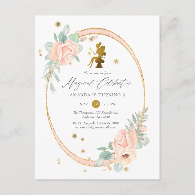 Pink and Gold Fairy themed Girl 2nd Birthday Party Invitation Postcard (Front)