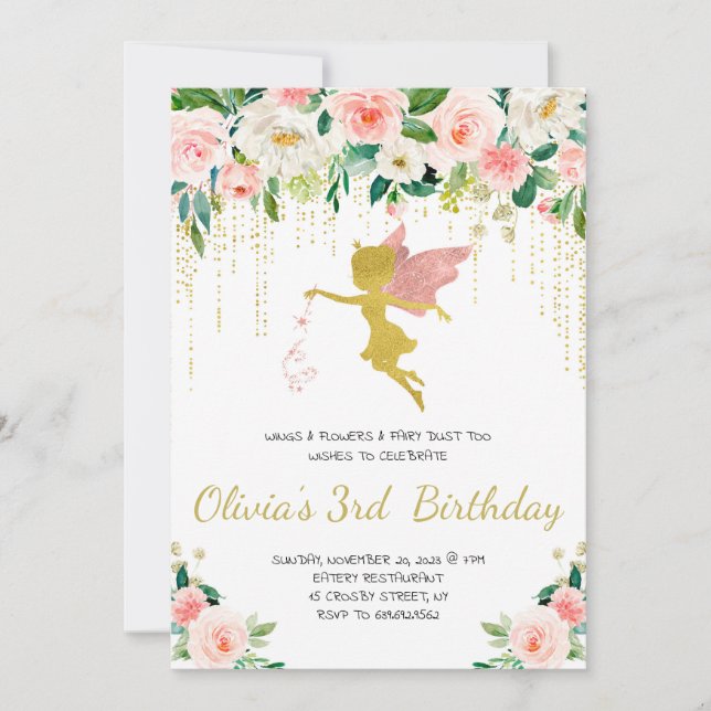 Pink and Gold Fairy themed Girl Birthday Party Invitation (Front)