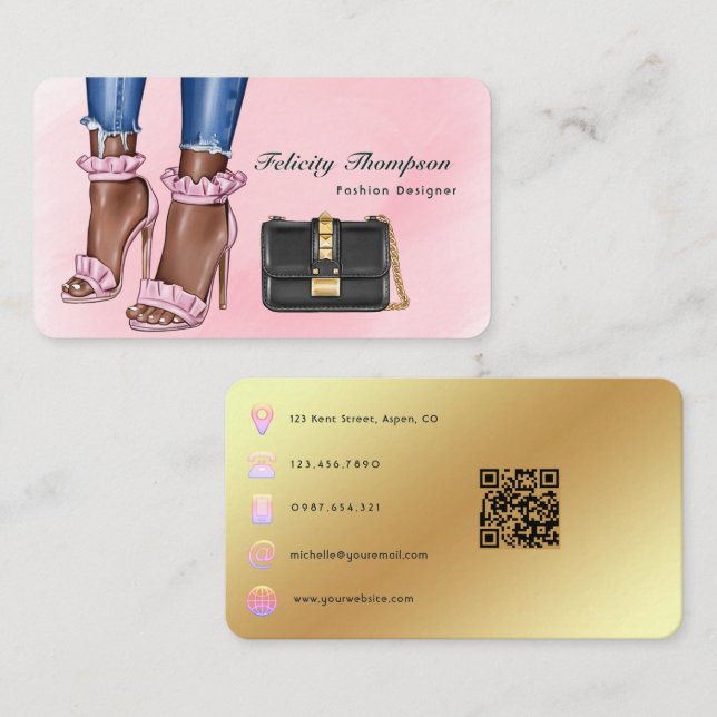 Pink and Gold Fashion Designer QR Code Business Card (Front/Back)