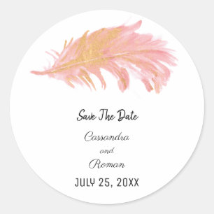 Pink and Gold Feather Save The Date Classic Round Sticker