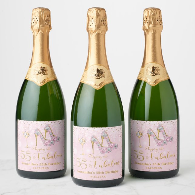 Pink and Gold Fifty Five & Fabulous 55th Birthday Sparkling Wine Label (Bottles)