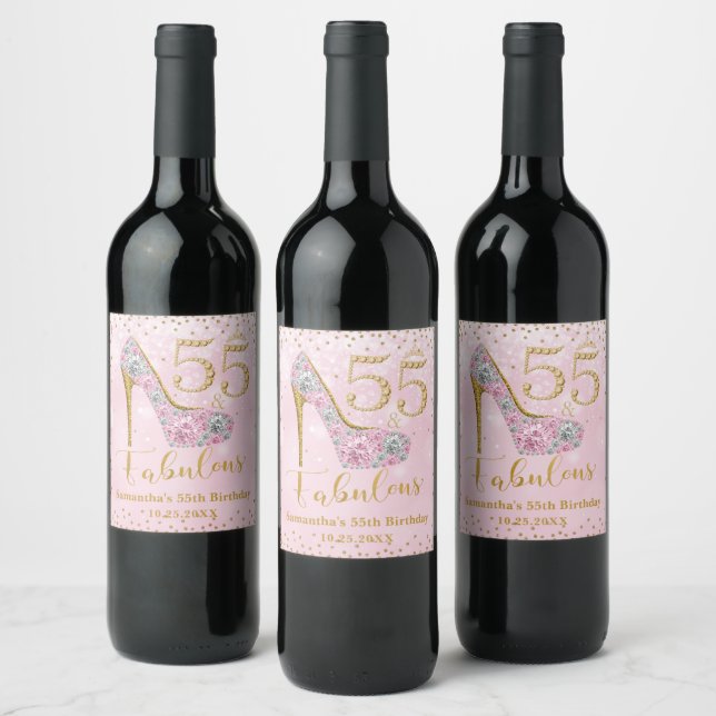 Pink and Gold Fifty Five & Fabulous 55th Birthday Wine Label (Bottles)