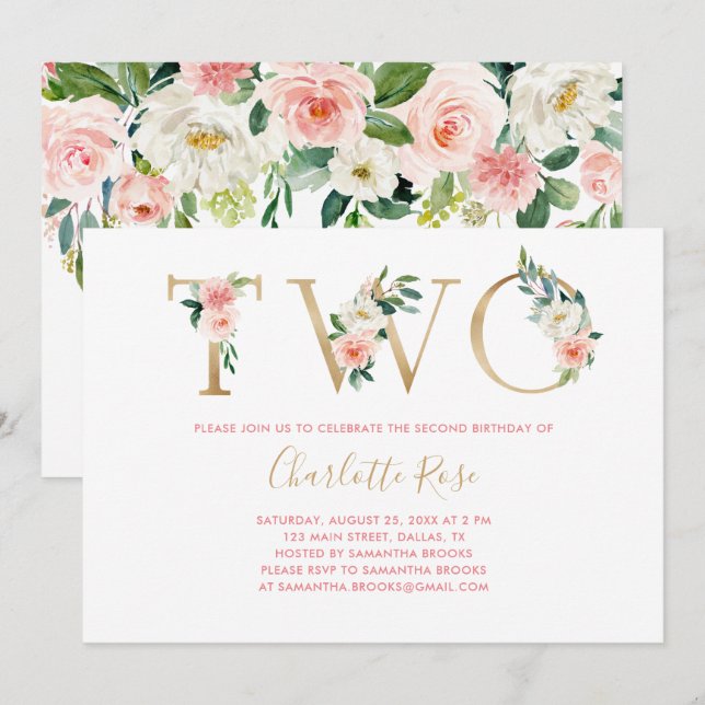 Pink And Gold Floral 2nd Birthday Party Invitation (Front/Back)