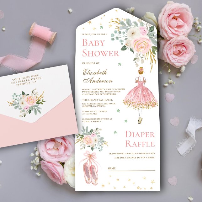 Pink and Gold Floral Ballerina Baby Shower All In One Invitation (Creator Uploaded)