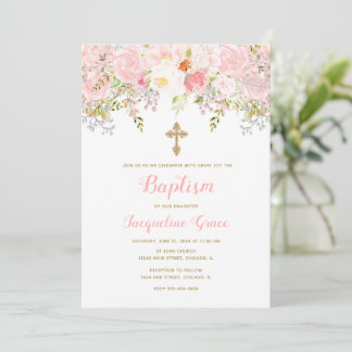 Pink and Gold Floral Baptism Invitation Girl