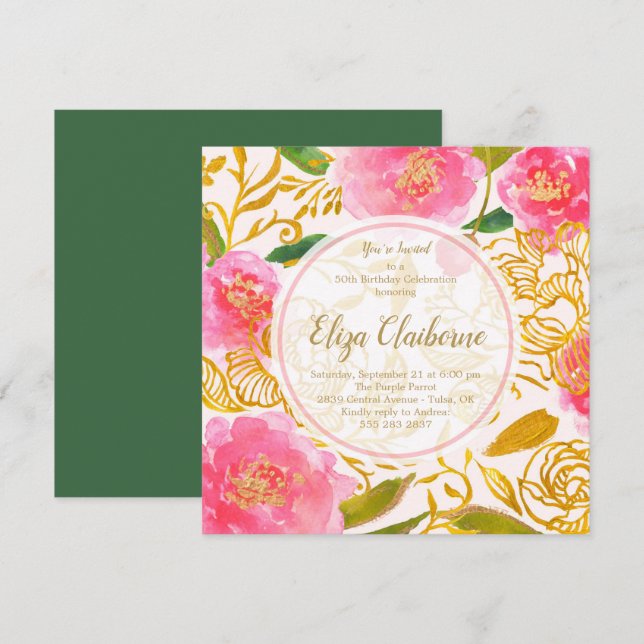 Pink and Gold Floral Birthday Party Invitation (Front/Back)