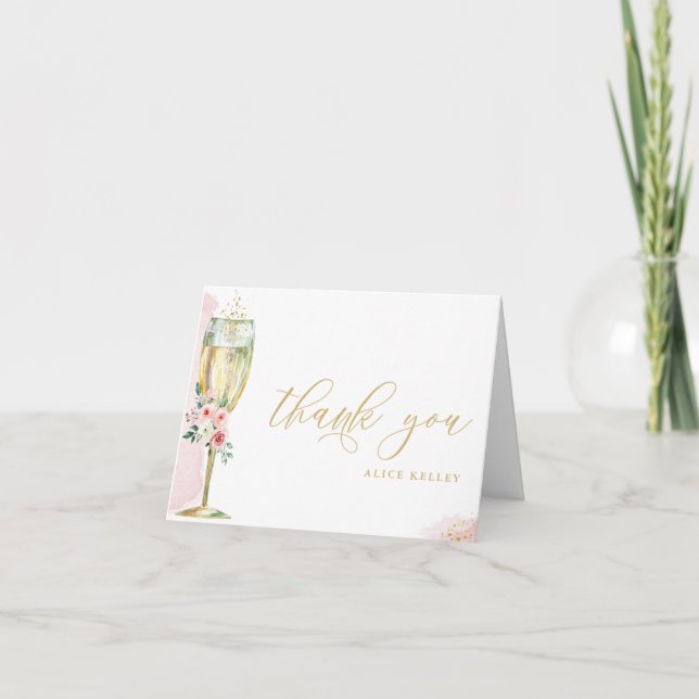 Pink and Gold Floral Champagne Glass Personalized  Thank You Card (Front)