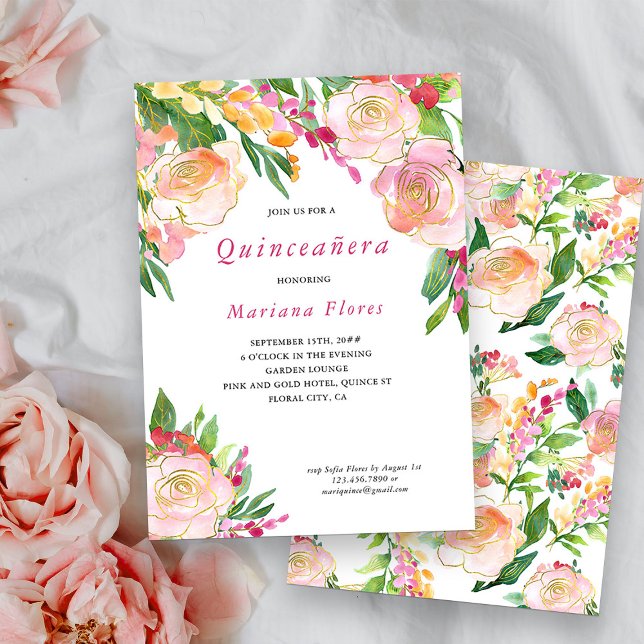 Pink and Gold Floral Chic Quinceanera Invitation (Quinceanera Invitation from my Floral Chic Quinceanera Collection)