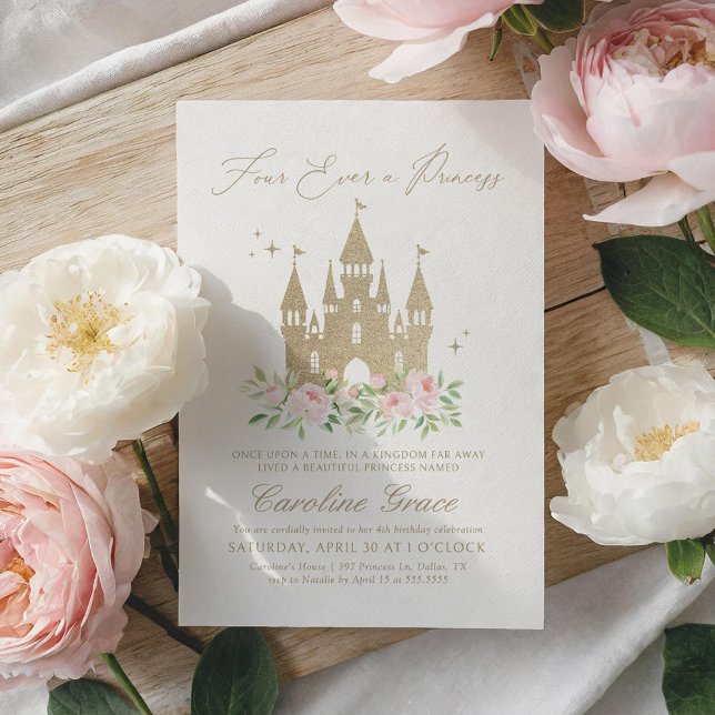 Pink and Gold Floral Four Ever a Princess Birthday Invitation (Creator Uploaded)