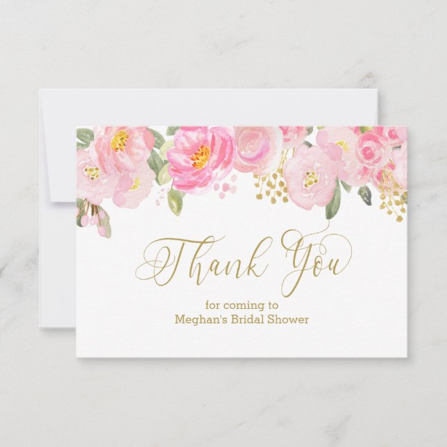 Pink and Gold Floral Gold Calligraphy Thank You Card (Front)