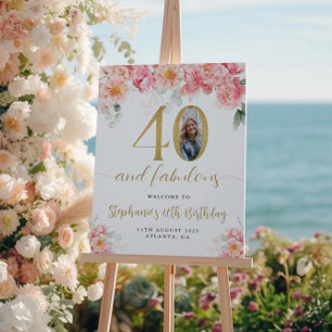 Pink and Gold Floral Photo 40th Birthday Welcome Poster