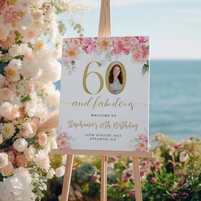 Pink And Gold Floral Photo 60th Birthday Welcome Poster (Creator Uploaded)