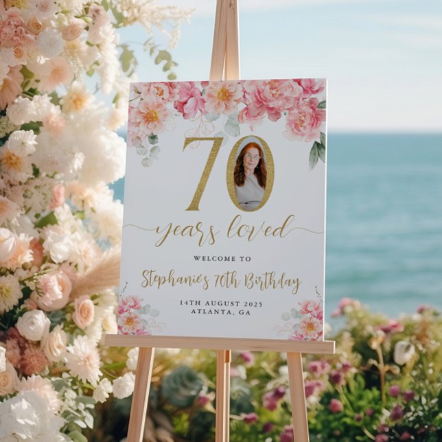 Pink and Gold Floral Photo 70th Birthday Welcome Poster (Creator Uploaded)