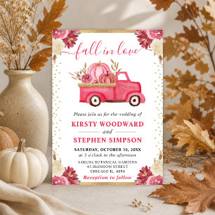 Pink and Gold Floral Pumpkin Truck Fall Wedding Invitation