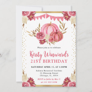 Pink and Gold Floral Pumpkins Fall 21st Birthday Invitation
